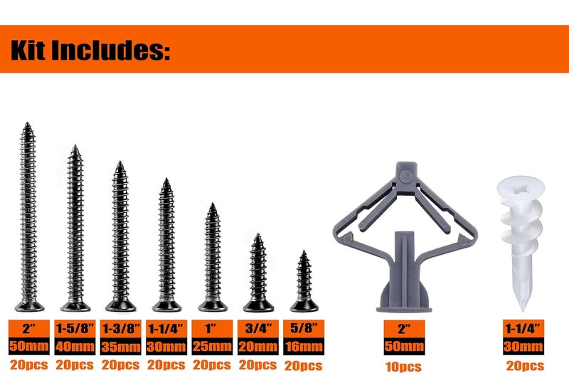 SUNEKE Drywall Anchors & Screws Assortment Kit 170PCS, 30 Plastic Wall Anchors & 140 6# Phosphate Philips Flat Head Screws with Organizer Box & 1 Phillips Cross Slot PH2#2 Long Screwdriver Bit - Image 3